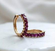 Load image into Gallery viewer, Ruby Huggie Hoop Earrings, 10K 14K 18K Solid Gold
