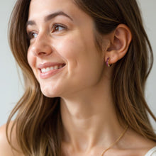 Load image into Gallery viewer, Ruby Huggie Hoop Earrings, 10K 14K 18K Solid Gold