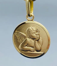 Load image into Gallery viewer, Big Guardian Angel Pendant , 18MM 10K 14K 18K Solid Gold Round 3D Design Angel Necklace, Big Medallion Religious Jewelry, Birthday Gift