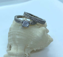 Load image into Gallery viewer, Engagement Wedding Ring Set, Vintage Style Sterling Silver, Engagement Ring And Wedding Band Set,
