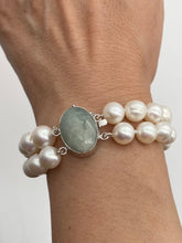 Load image into Gallery viewer, Handcrafted Pearl Bracelet, Sterling Silver Aquamarine Clasp, Double Strand Bracelet, Birthday Gift for Women, Chrfor Mom