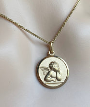 Load image into Gallery viewer, Big Guardian Angel Pendant , 18MM 10K 14K 18K Solid Gold Round 3D Design Angel Necklace, Big Medallion Religious Jewelry, Birthday Gift