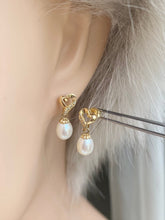 Load image into Gallery viewer, 14K Gold Pearl Earrings, Pearl and Diamond Earrings, Bridal Jewelry for Women, Birthday Gift for Wife, Bridesmaids Gift