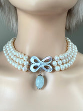 Load image into Gallery viewer, Pearl Necklace 3 Strand, One-of-a-Kind Statement Necklace, Handmade Shell Clasp, Pearl Jewelry, Jewelry for Woman