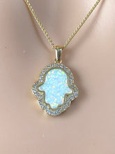 Load image into Gallery viewer, Opal Hamsa Necklace, 10K Solid Gold Pendant, With Cubic Zirconia Pendant, Birthday Gift For Mom,