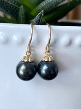 Load image into Gallery viewer, 14K Gold Tahitian Earrings, 10.25mm Round Tahitian Drop Earrings, AAA Quality, Birthday Gift for Women ,