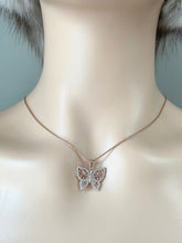 Load image into Gallery viewer, Pink Butterfly Necklace , 10K Rose Gold Butterfly Pendant, Cubic Zirconia Pendant, Handmade Necklace,