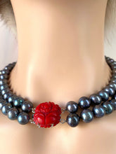 Load image into Gallery viewer, Black Pearl Necklace, Two Strand Pearl Necklace, Anniversary Gift for Wife, Birthday Gift for Mom, Jewelry for Woman