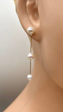Load image into Gallery viewer, Gold Pearl Long Earrings, 10K 14K 18K Solid Gold Earrings, 3 White Pearl Dangle Earrings, Birthday Gift for Women, Bridesmaids Gift