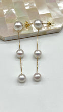 Load image into Gallery viewer, Gold Pearl Long Earrings, 10K 14K 18K Solid Gold Earrings, 3 White Pearl Dangle Earrings, Birthday Gift for Women, Bridesmaids Gift