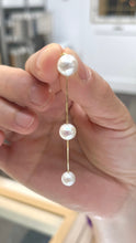 Load image into Gallery viewer, Gold Pearl Long Earrings, 10K 14K 18K Solid Gold Earrings, 3 White Pearl Dangle Earrings, Birthday Gift for Women, Bridesmaids Gift