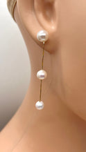 Load image into Gallery viewer, Gold Pearl Long Earrings, 10K 14K 18K Solid Gold Earrings, 3 White Pearl Dangle Earrings, Birthday Gift for Women, Bridesmaids Gift