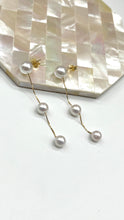 Load image into Gallery viewer, Gold Pearl Long Earrings, 10K 14K 18K Solid Gold Earrings, 3 White Pearl Dangle Earrings, Birthday Gift for Women, Bridesmaids Gift
