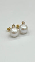 Load image into Gallery viewer, Diamond Pearl Gold Earrings, 14K Solid Gold Stud Earrings, 10mm Freshwater Pearl, Bridal Jewelry, Jewelry for Woman, Mothers Day Gift