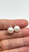 Load image into Gallery viewer, Diamond Pearl Gold Earrings, 14K Solid Gold Stud Earrings, 10mm Freshwater Pearl, Bridal Jewelry, Jewelry for Woman, Mothers Day Gift