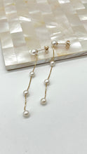 Load image into Gallery viewer, Long Pearl Gold Earrings, 10K 14K 18K Solid Gold Earrings, 4 White Pearl Dangle Earrings, Birthday Gift for Women, Jewelry for Woman