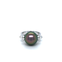 Load image into Gallery viewer, Pearl Diamond Gold Ring, 14K Solid Gold with Black Tahitian Pearl, Cocktail Ring for Women, Mothers Day Gift