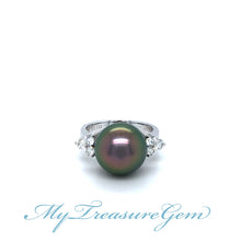 Load image into Gallery viewer, Pearl Diamond Gold Ring, 14K Solid Gold with Black Tahitian Pearl, Cocktail Ring for Women, Mothers Day Gift