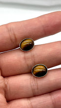 Load image into Gallery viewer, Tiger Eye Gold Earrings, 14K Solid Gold Stud Earrings, Evil Eye Protection, Birthday Gift for Women, Handmade Earrings, Mothers Day Gift