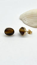 Load image into Gallery viewer, Tiger Eye Gold Earrings, 14K Solid Gold Stud Earrings, Evil Eye Protection, Birthday Gift for Women, Handmade Earrings, Mothers Day Gift