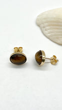 Load image into Gallery viewer, Tiger Eye Gold Earrings, 14K Solid Gold Stud Earrings, Evil Eye Protection, Birthday Gift for Women, Handmade Earrings, Mothers Day Gift