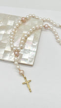 Load image into Gallery viewer, Rosary Pearl Gold Necklace, 14K Solid Gold Rosary, Handmade Montréal, Baptism Gift, Confirmation Gift, Wedding Souvenir, Jewelry for Woman
