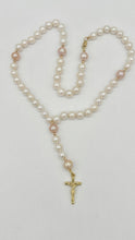 Load image into Gallery viewer, Rosary Pearl Gold Necklace, 14K Solid Gold Rosary, Handmade Montréal, Baptism Gift, Confirmation Gift, Wedding Souvenir, Jewelry for Woman