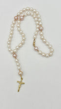 Load image into Gallery viewer, Rosary Pearl Gold Necklace, 14K Solid Gold Rosary, Handmade Montréal, Baptism Gift, Confirmation Gift, Wedding Souvenir, Jewelry for Woman