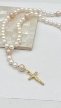 Load image into Gallery viewer, Rosary Pearl Gold Necklace, 14K Solid Gold Rosary, Handmade Montréal, Baptism Gift, Confirmation Gift, Wedding Souvenir, Jewelry for Woman