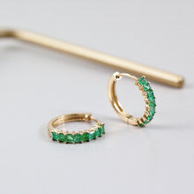 Load image into Gallery viewer, Emerald Huggie Hoop Earrings, 10K 14K 18K Solid Gold