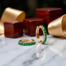 Load image into Gallery viewer, Emerald Huggie Hoop Earrings, 10K 14K 18K Solid Gold