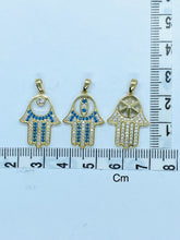 Load image into Gallery viewer, Hand of Fatima Pendant, 10K Solid Gold Hamsa Pendant, Gold Hand Necklace with CZ, Gold Religious Jewerly, Handmade In Montréal Canada
