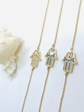 Load image into Gallery viewer, Hand of Fatima Pendant, 10K Solid Gold Hamsa Pendant, Gold Hand Necklace with CZ, Gold Religious Jewerly, Handmade In Montréal Canada
