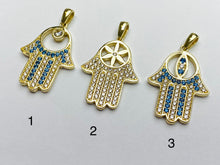 Load image into Gallery viewer, Hand of Fatima Pendant, 10K Solid Gold Hamsa Pendant, Gold Hand Necklace with CZ, Gold Religious Jewerly, Handmade In Montréal Canada

