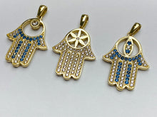 Load image into Gallery viewer, Hand of Fatima Pendant, 10K Solid Gold Hamsa Pendant, Gold Hand Necklace with CZ, Gold Religious Jewerly, Handmade In Montréal Canada
