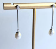 14K Gold Diamond Pearl Earrings, Freshwater Pearl Drop Earrings, June Birthstone, Birthday Gift for Women,