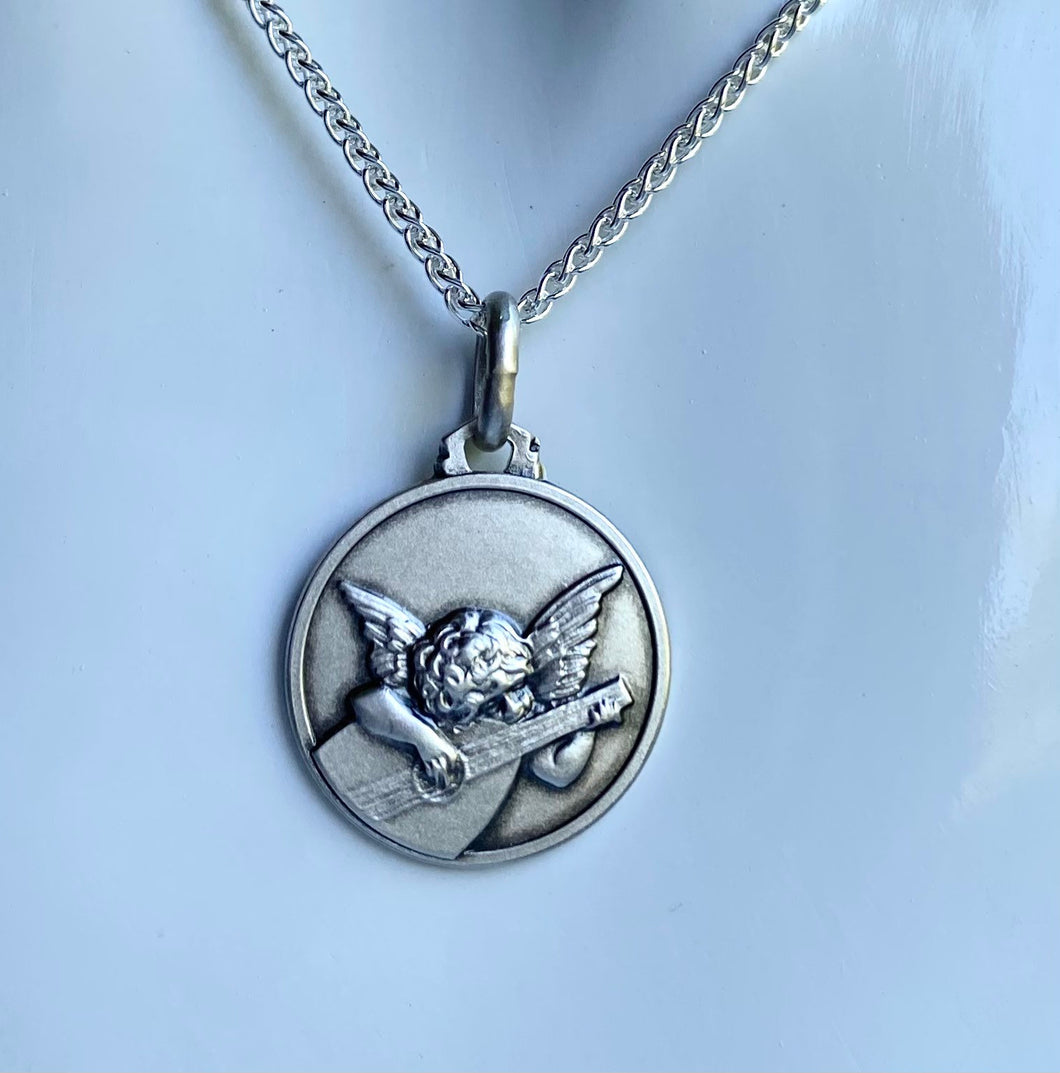 Angel Musician Necklace , 16MM, Angelo Musicante, The Playing Cherub Pendant, 925 Sterling Silver, Baby Baptism Gift, Birthday Gift Baby