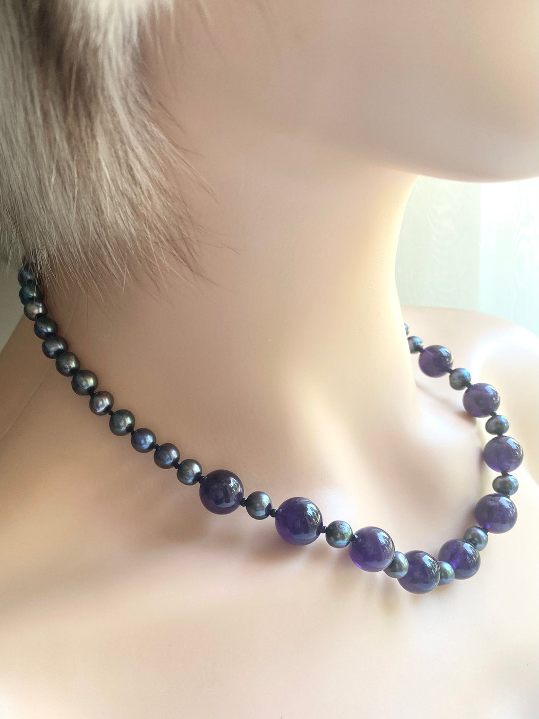 Amethyst Pearl Necklace, Black Pearl Necklace, Amethyst Necklace Statement, , Birthday Gift for Women
