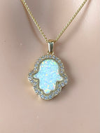 Opal Hamsa Necklace, 10K Solid Gold Pendant, With Cubic Zirconia Pendant, Birthday Gift For Mom,