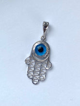 Load image into Gallery viewer, Hamsa with Evil Eye Pendant, 14K Solid Gold, Protection Pendant, Unisex Pendant, Every Day Jewelry,

