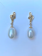 14K Gold Pearl Earrings, Pearl Diamond Earrings, Pearl Jewelry Bride, Wedding Gift, Birthday Gift for Women, Jewelry for Woman