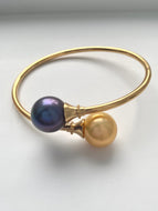 Pearl Bangle For Women, 18K Solid Gold Bangle, 12.5mm Golden South Sea Pearl and 12.5mm Freshwater Pearl, Valentine’s Day Gift