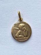 Guardian Angel Pendant, 14K Solid Gold Round Angel, Religious Medal, Birthday Gift for Women, Baby Baptism Gift,