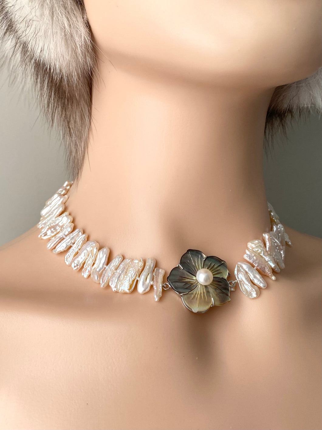 Biwa Pearl Necklace, Sterling Silver Mother of Pearl Clasp, Handmade Natural Pearl, Birthday Gift for Mom, Christmas Presents