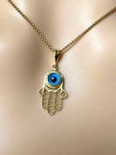 Load image into Gallery viewer, Hamsa with Evil Eye Pendant, 14K Solid Gold, Protection Pendant, Unisex Pendant, Every Day Jewelry,
