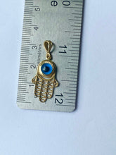 Load image into Gallery viewer, Hamsa with Evil Eye Pendant, 14K Solid Gold, Protection Pendant, Unisex Pendant, Every Day Jewelry,
