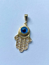 Load image into Gallery viewer, Hamsa with Evil Eye Pendant, 14K Solid Gold, Protection Pendant, Unisex Pendant, Every Day Jewelry,
