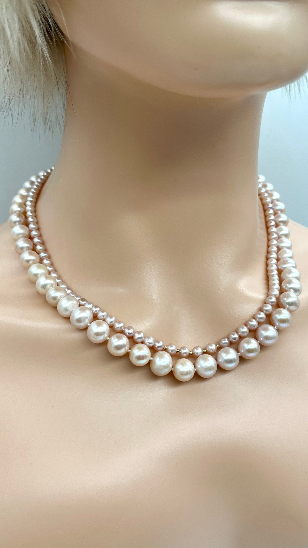 Pink Pearl Gold Necklace, 2 Row Pearl Necklace, Hand Knotted Pearl, Birthday Gift for Mom, Jewelry for Woman, Mothers Day Gift