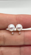 Sapphire Pearl Gold Earrings, 14K Solid Gold  Stud Earrings, 8mm Freshwater Pearl, Mothers Day Gift, Wedding Jewelry, Jewelry for Woman