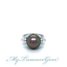 Load image into Gallery viewer, Pearl Diamond Gold Ring, 14K Solid Gold with Black Tahitian Pearl, Cocktail Ring for Women, Mothers Day Gift
